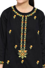 Plum 100% Fine Cotton Black Colour Embroidered Golden Red threads On 2 pc suit For Girls.