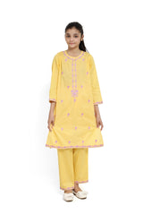 Plum 100% Fine Cotton Yellow Colour Embroidered Purple Peach threads On 2 pc suit For Girls.