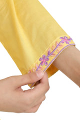 Plum 100% Fine Cotton Yellow Colour Embroidered Purple Peach threads On 2 pc suit For Girls.