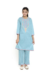 Plum 100% Fine Cotton Sky Blue Colour Embroidered Pink Yellow threads On 2 pc suit For Girls.