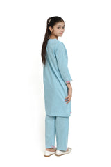 Plum 100% Fine Cotton Sky Blue Colour Embroidered Pink Yellow threads On 2 pc suit For Girls.