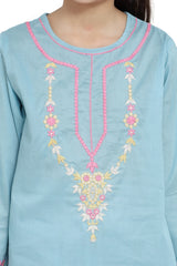 Plum 100% Fine Cotton Sky Blue Colour Embroidered Pink Yellow threads On 2 pc suit For Girls.