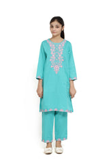 Plum 100% Fine Cotton Sea Green Colour Embroidered Pink threads On 2 pc suit For Girls.