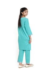 Plum 100% Fine Cotton Sea Green Colour Embroidered Pink threads On 2 pc suit For Girls.