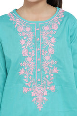 Plum 100% Fine Cotton Sea Green Colour Embroidered Pink threads On 2 pc suit For Girls.