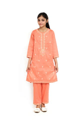 Plum 100% Fine Cotton Coral Colour Embroidered Pink Peach threads On 2 pc suit For Girls.