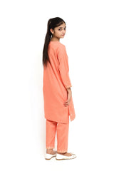 Plum 100% Fine Cotton Coral Colour Embroidered Pink Peach threads On 2 pc suit For Girls.