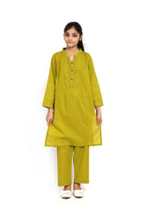 Plum 100% Fine Cotton Olive Colour V-Slit Neck Line featured Mandarin Collar On 2 pc suit For Girls.