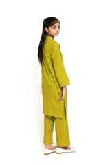 Plum 100% Fine Cotton Olive Colour V-Slit Neck Line featured Mandarin Collar On 2 pc suit For Girls.