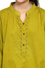 Plum 100% Fine Cotton Olive Colour V-Slit Neck Line featured Mandarin Collar On 2 pc suit For Girls.