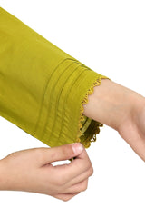 Plum 100% Fine Cotton Olive Colour V-Slit Neck Line featured Mandarin Collar On 2 pc suit For Girls.
