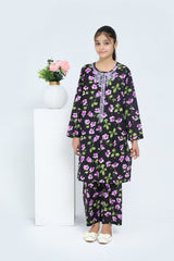 Plum 100% Cotton Lawn Black Colour Printed Purple Green Flowers Embroidered Purple threads On Stitched 2 pc suit for Girls.