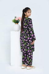 Plum 100% Cotton Lawn Black Colour Printed Purple Green Flowers Embroidered Purple threads On Stitched 2 pc suit for Girls.