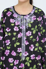Plum 100% Cotton Lawn Black Colour Printed Purple Green Flowers Embroidered Purple threads On Stitched 2 pc suit for Girls.