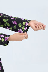 Plum 100% Cotton Lawn Black Colour Printed Purple Green Flowers Embroidered Purple threads On Stitched 2 pc suit for Girls.