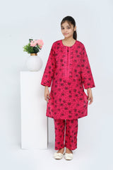 Plum 100% Cotton Lawn Dark Pink Colour Printed Black Flowers Embroidered Pink threads On Stitched 2 pc suit for Girls.