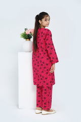 Plum 100% Cotton Lawn Dark Pink Colour Printed Black Flowers Embroidered Pink threads On Stitched 2 pc suit for Girls.
