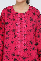 Plum 100% Cotton Lawn Dark Pink Colour Printed Black Flowers Embroidered Pink threads On Stitched 2 pc suit for Girls.