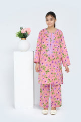 Plum 100% Cotton Lawn Peach Pink Colour Printed Purple Green Flowers Embroidered Purple threads On Stitched 2 pc suit for Girls.
