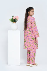 Plum 100% Cotton Lawn Peach Pink Colour Printed Purple Green Flowers Embroidered Purple threads On Stitched 2 pc suit for Girls.