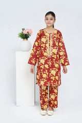 Plum 100% Cotton Lawn Rust Colour Printed Yellow Flowers Embroidered Yellow threads On Stitched 2 pc suit for Girls.