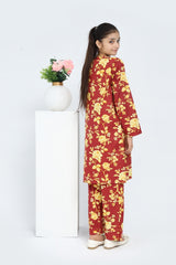 Plum 100% Cotton Lawn Rust Colour Printed Yellow Flowers Embroidered Yellow threads On Stitched 2 pc suit for Girls.