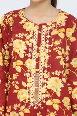 Plum 100% Cotton Lawn Rust Colour Printed Yellow Flowers Embroidered Yellow threads On Stitched 2 pc suit for Girls.