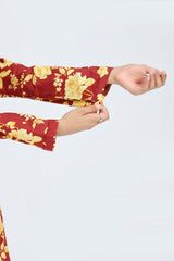 Plum 100% Cotton Lawn Rust Colour Printed Yellow Flowers Embroidered Yellow threads On Stitched 2 pc suit for Girls.