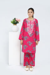 Plum 100% Cotton Lawn Dark Pink Colour Printed Grey Flowers Embroidered Light Pink threads On Stitched 2 pc suit for Girls.