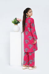 Plum 100% Cotton Lawn Dark Pink Colour Printed Grey Flowers Embroidered Light Pink threads On Stitched 2 pc suit for Girls.