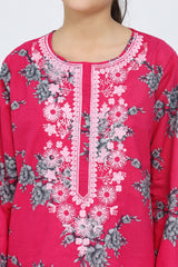 Plum 100% Cotton Lawn Dark Pink Colour Printed Grey Flowers Embroidered Light Pink threads On Stitched 2 pc suit for Girls.