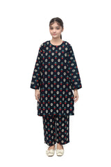 Plum Premium Khaddar Black Colour Printed White Red Teal Patterns On 2 pc Stitched suit For Girls