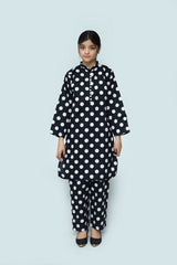 Plum Digital Lawn Black Colour Printed Off White Dots  With Fabric Loops & Buttons On 2 Pc stitched suit for Girl