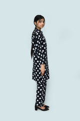 Plum Digital Lawn Black Colour Printed Off White Dots  With Fabric Loops & Buttons On 2 Pc stitched suit for Girl