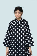 Plum Digital Lawn Black Colour Printed Off White Dots  With Fabric Loops & Buttons On 2 Pc stitched suit for Girl