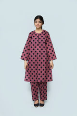Plum Digital Lawn Berry Pink Colour Printed Black Dots With Fabric Loops & Buttons On 2 Pc stitched suit for Girls.