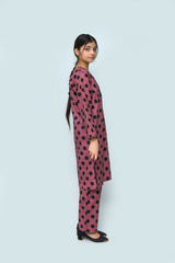 Plum Digital Lawn Berry Pink Colour Printed Black Dots With Fabric Loops & Buttons On 2 Pc stitched suit for Girls.