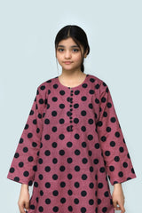 Plum Digital Lawn Berry Pink Colour Printed Black Dots With Fabric Loops & Buttons On 2 Pc stitched suit for Girls.