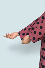 Plum Digital Lawn Berry Pink Colour Printed Black Dots With Fabric Loops & Buttons On 2 Pc stitched suit for Girls.
