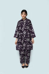 Plum Digital Lawn Dark Purple Colour Printed Off White Patterns With Fabric Loops & Buttons On 2 Pc stitched suit for Girls.