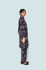Plum Digital Lawn Dark Purple Colour Printed Off White Patterns With Fabric Loops & Buttons On 2 Pc stitched suit for Girls.