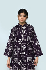 Plum Digital Lawn Dark Purple Colour Printed Off White Patterns With Fabric Loops & Buttons On 2 Pc stitched suit for Girls.