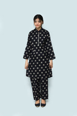Plum Digital Lawn  Black Colour Printed Off White Patterns with fabric Loops & Buttons On 2 Pc stitched suit for Girls.