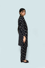 Plum Digital Lawn  Black Colour Printed Off White Patterns with fabric Loops & Buttons On 2 Pc stitched suit for Girls.