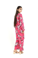 Plum 100% Cotton Lawn Pink Colour Printed White Burgundy Flowers Embroidered White threads On Stitched 2 pc suit for Girls.