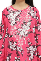 Plum 100% Cotton Lawn Pink Colour Printed White Burgundy Flowers Embroidered White threads On Stitched 2 pc suit for Girls.