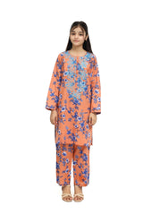 Plum 100% Cotton Lawn Peach Colour Printed Blue White Flowers Embroidered Blue threads On Stitched 2 pc suit for Girls.