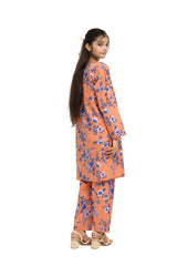 Plum 100% Cotton Lawn Peach Colour Printed Blue White Flowers Embroidered Blue threads On Stitched 2 pc suit for Girls.