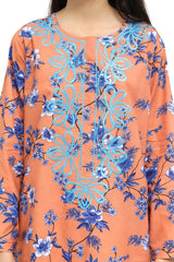 Plum 100% Cotton Lawn Peach Colour Printed Blue White Flowers Embroidered Blue threads On Stitched 2 pc suit for Girls.