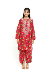 Plum 100% Cotton Lawn Reddish Pink Colour Printed White Mustard Green Flowers Embroidered White threads On Stitched 2 pc suit for Girls.